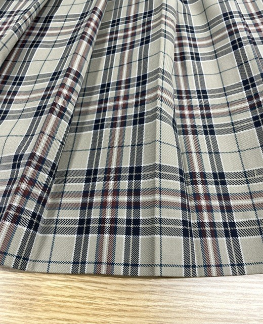 絵の具のシミが広範囲に付いたベージュチェック柄学生服スカートの染み抜きクリーニング事例(６，６００円税込)2026.09.30