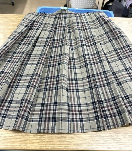 絵の具のシミが広範囲に付いたベージュチェック柄学生服スカートの染み抜きクリーニング事例(６，６００円税込)2026.09.30