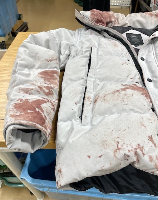 白に近い薄グレーのカナダグースダウンコート全体に大量についてしまった血液シミがキレイに落ちた染み抜きクリーニング事例（２２，０００円税込）2026.01.30